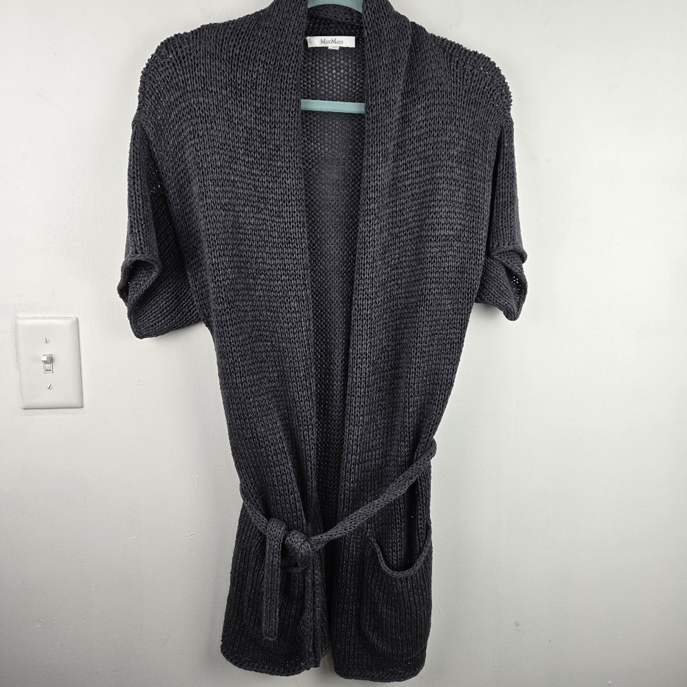 Charcoal Knit Belted Cardigan Sweater